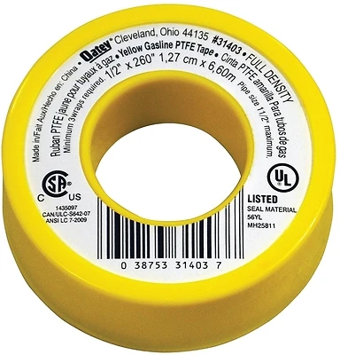 Oatey 31403D Thread Seal Tape, Yellow, 1/2 In. X 260 In.
