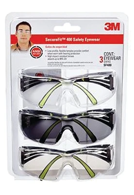 3M SF400-W-3PK Safety Eyewear, Clear/Gray Lens, Neon Green/Black Frame, Anti-Fog, Scratch-Resistant Lens