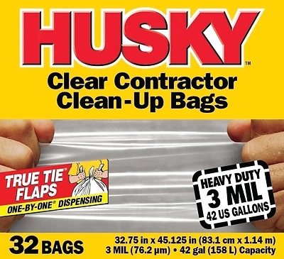 42 Gallon Clean-up Trash Bags, 32 Count, 3 Mil Polyethylene, Clear