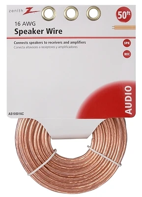 Zenith AS105016C Speaker Wire, 16 AWG, 50 Feet, Clear PVC