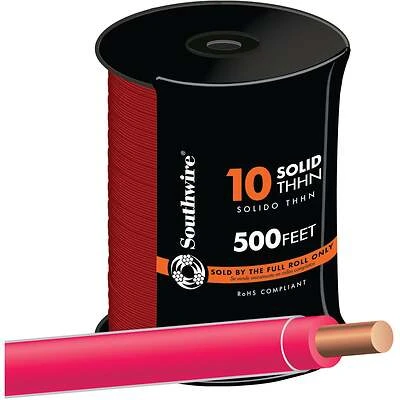 Southwire 11597257 10 AWG Solid Red THHN Wire, 500 Ft., UL Listed