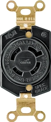 Eaton L1420R 20 Amp 125/250V Hart-Lock Industrial Receptacle, Black