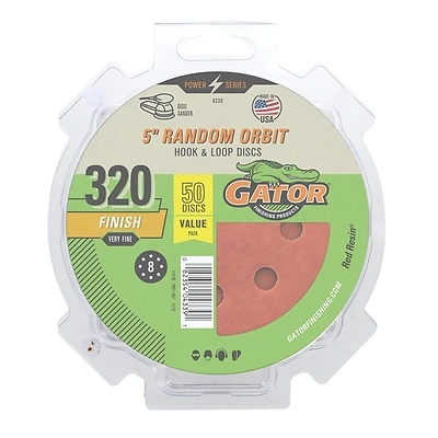 Random Orbit Sanding Discs, Hook & Loop, 8 Holes, 320 Grit, 5 In., 50-Pk.