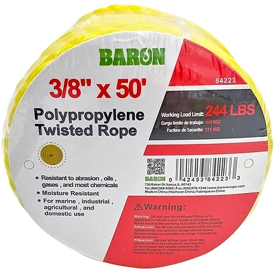 Baron 84223 Twisted Yellow Polypropylene Rope, 3/8 Inch X 50 Feet