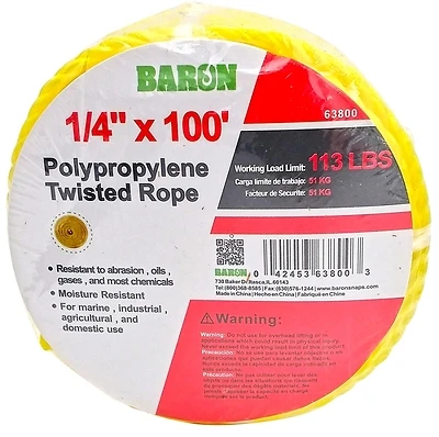 Baron 63800 Twisted Polypropylene Rope, 1/4 In X 100 Ft, Yellow