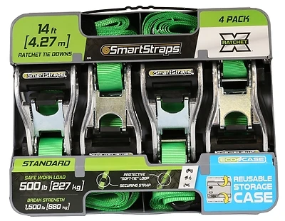 SmartStraps 345 Ratchet Tie Down, 1 in x 14 ft, 500 lb, 4-Pack