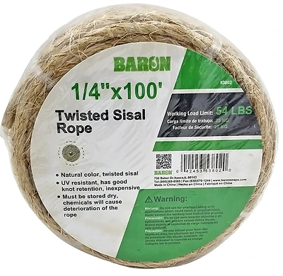 Baron 53802 Twisted Sisal Rope, 1/4 In. Dia, 100 Ft, 54 Lb