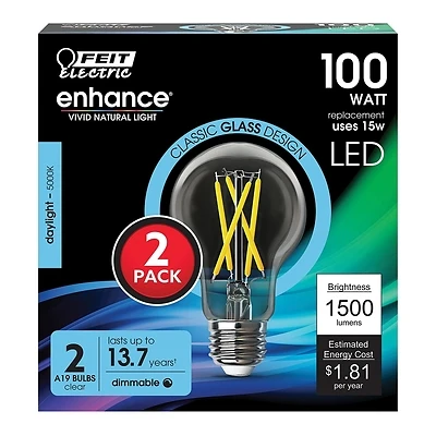 Feit A100CL950CAFIL2 Enhance A19 LED Filament Bulb, 100W Equivalent, Daylight, 2 Pk
