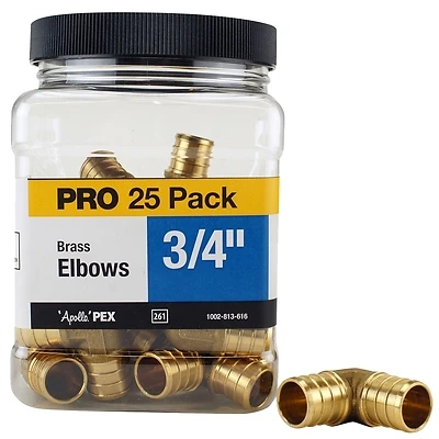 3/4 In. Brass Pex Barb 90° Elbow Fittings, 25 Pk, Model Apxe3425jr