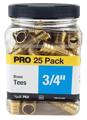 3/4 In. Brass Pex Barb Tee Fittings, 25 Pack, Model Apxt3425jr