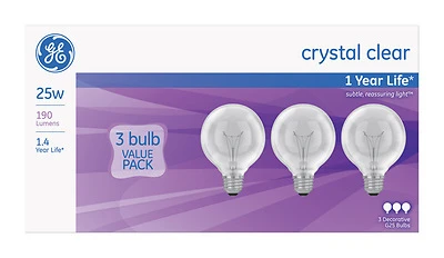 GE 48063 G25 Incandescent Globe Bulb, 25W, Soft White, 3 Pk