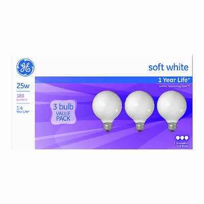 GE 48064 G25 Incandescent Bulb, 25W, Soft White, 3 Pack