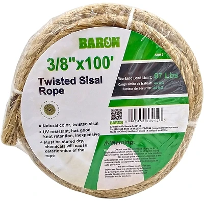 Baron 53012 Sisal Rope, 3/8 In Dia, 100 Ft, 87 Lb Working Load