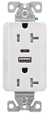 Duplex Usb Type A-c Wall Outlet 20 Amp White