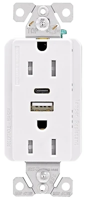 Cooper Wiring TRUSBAC15 USB Type A-C Duplex Outlet, 15 Amp, White