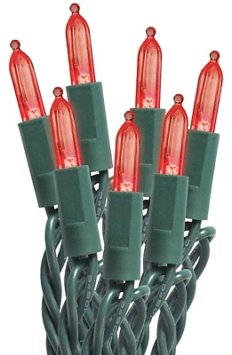 Mini Led String Lights, Red, 50 Bulbs On Green Wire, Model 27552