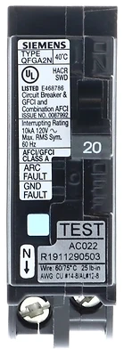 120v 20a Circuit Breaker, 1 Pole, Afci/gfci, Qfga2n Frame