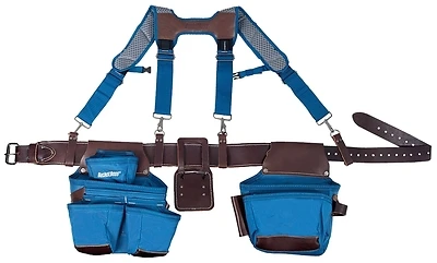 Hybrid Tool Belt With Suspenders, 52 In Waist Size, 19 Pockets, Blue