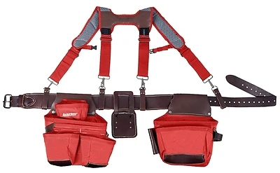 Leather Tool Belt With Suspenders, Adjustable Waist Size 52 In, 19 Pockets, Red
