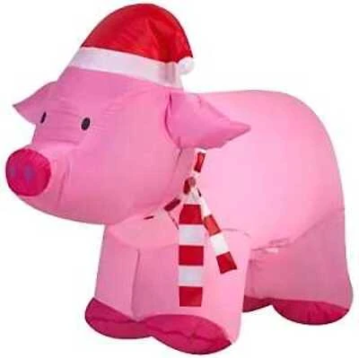 90813 4 Ft Inflatable Pig With Santa Hat - Polyester Pink Decoration