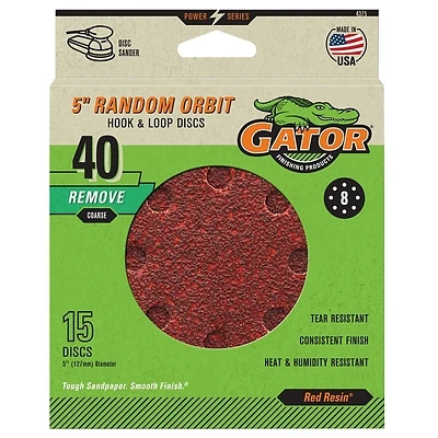 Random Orbit Sanding Discs, Hook & Loop, 8 Holes, 40 Grit, 5 In., 15-Pk.