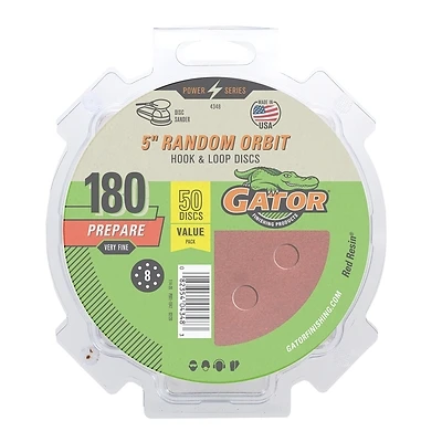 Random Orbit Sanding Discs, Hook & Loop, 8 Holes, 180 Grit, 5 In., 50-Pk.