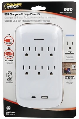 Powerzone ORPBSU072 6-Outlet Wall Tap With USB And Type-C Ports