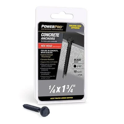 Power Pro 377370 1/4" Diameter x 1-3/4" Concrete Screw Anchor, Hex Head, 18 Pieces