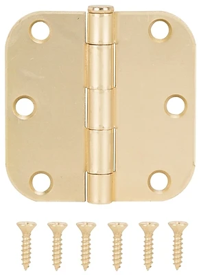 5/8 Inch Round Corner Satin Brass Door Hinge - Steel Construction, 5 Knuckles
