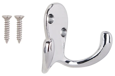 Double Prong Chrome Zinc Robe Hook For Coats, Hats, And Towels