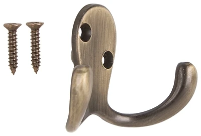 Double Prong Antique Brass Robe Hook For Coats, Hats, And Towels