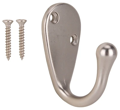 Single Prong Satin Nickel Robe Hook For Coats, Hats, And Towels