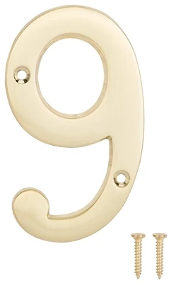 House Number 9 Satin Brass 4 Inch Enhanced Visibility Address Sign