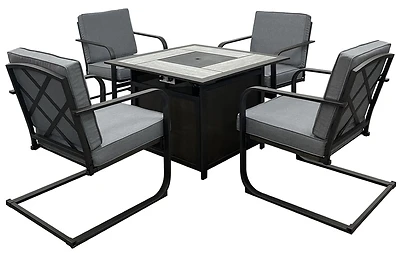 Venice Spring Patio Set With Firepit Table, Gray Cushion, Steel And Tile Construction