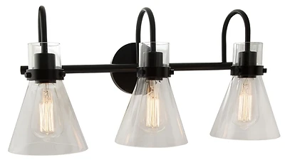 3-light Vanity Fixture With Clear Glass Shades And Matte Black Finish