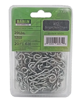 Zinc Plated Jack Chain, #12 Trade, 20 Feet Length, Steel Construction