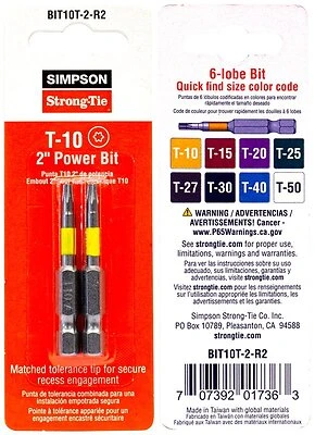 Simpson Strong-tie T10 6-lobe Power Bit Driver, 2 Inch Length
