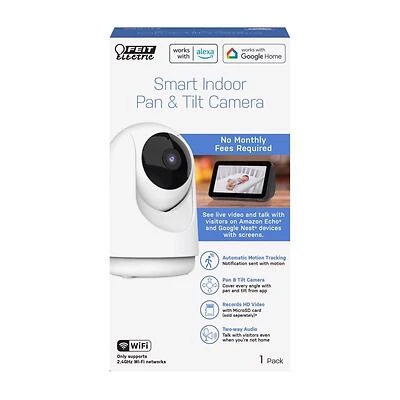 Feit Smart Home Plug-in Indoor Security Camera With Pan & Tilt, Black/white