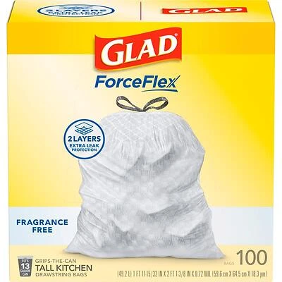 Glad ForceFlex 13 Gallon Kitchen Trash Bags, Unscented, 100 Count