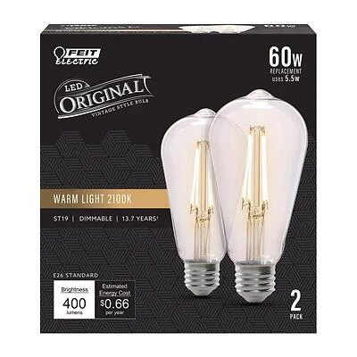 Feit ST19 LED Filament Bulb, E26, 60W Equivalent, Warm Candle, 2 Pack
