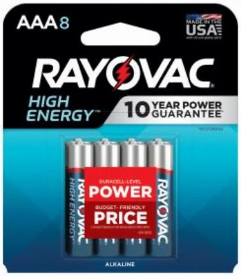 Rayovac High Energy 824-8T1 Battery, 1.5 V Battery, 1100 mAh, AAA Battery, Alkaline