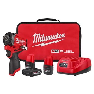 Milwaukee M12 Fuel 3/8 Inch Brushless Cordless Impact Wrench Kit With Batteries & Charger