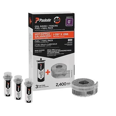 Paslode 1-7/8 Inch X 0.086 Inch 0 Degree Plastic Strip Hot-dipped Galvanized Coil Siding Nails With 3 Fuel Cells 2400 Count