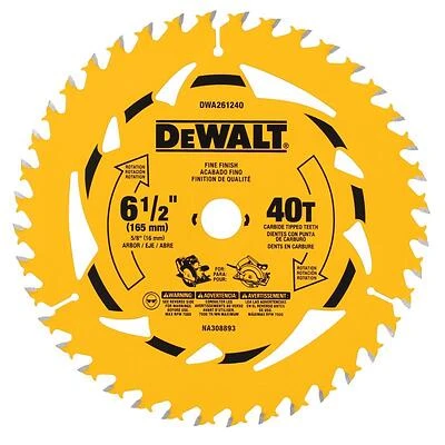 DeWalt DWA261240B10 Circular Saw Blade, 6-1/2 In., 40-Tooth Carbide Tipped
