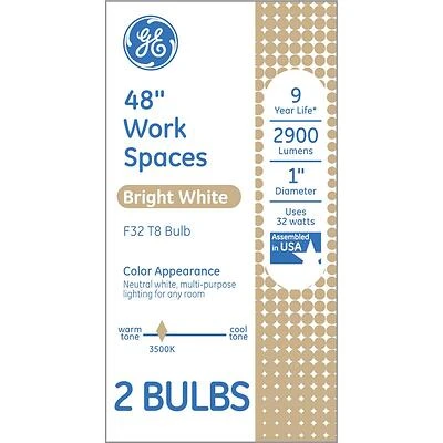 GE 66837 T8 Fluorescent Light Bulb, 32W, 3500K Bright White, 48 In., 2-Pack
