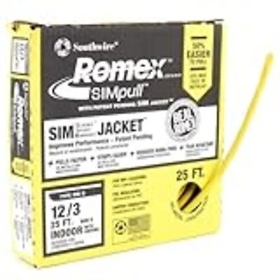 Romex Nm-b Building Wire 12/3 Gauge, 25 Feet Length