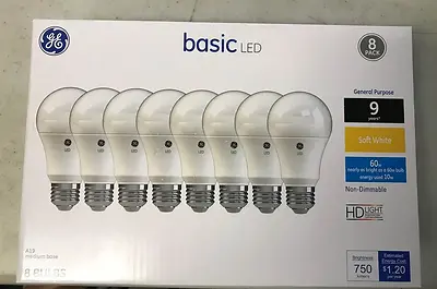 GE Basic 46778 LED A19 Bulb, 9.5W, Soft White, 60W Equivalent, E26 Base