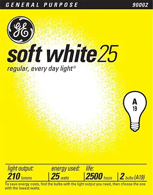 General Electric 97864 25W A19 Incandescent Light Bulb; Medium - Pack of 2