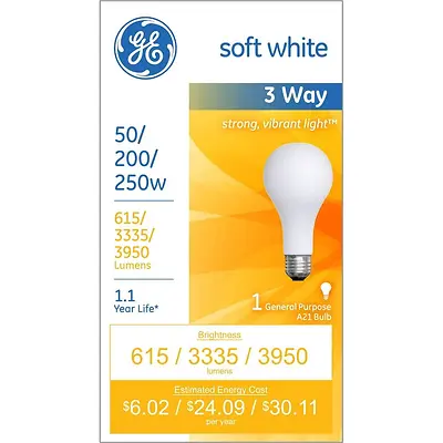 GE 93130573 Light Bulb, 250 W, A21 Lamp, E26 Medium Lamp Base, 3915 Lumens, 2800 K Color Temp, Soft White