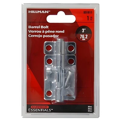 3 Inch Zinc Plated Barrel Bolt - Hillman Miscellaneous Cabinet Hardware Model 851011